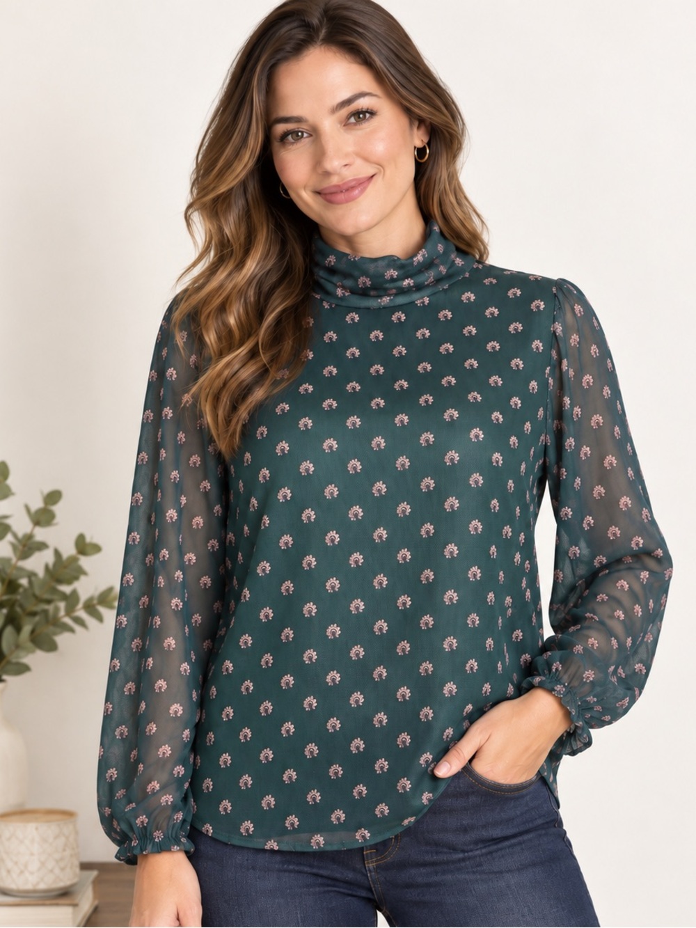 Emerald Green Mesh Turtleneck Blouse Romantic Sheer Sleeve Top L